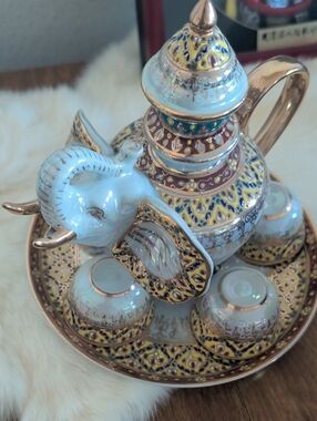 Hand-Painted Ceramic Elephant Tea Set in White and Gold
